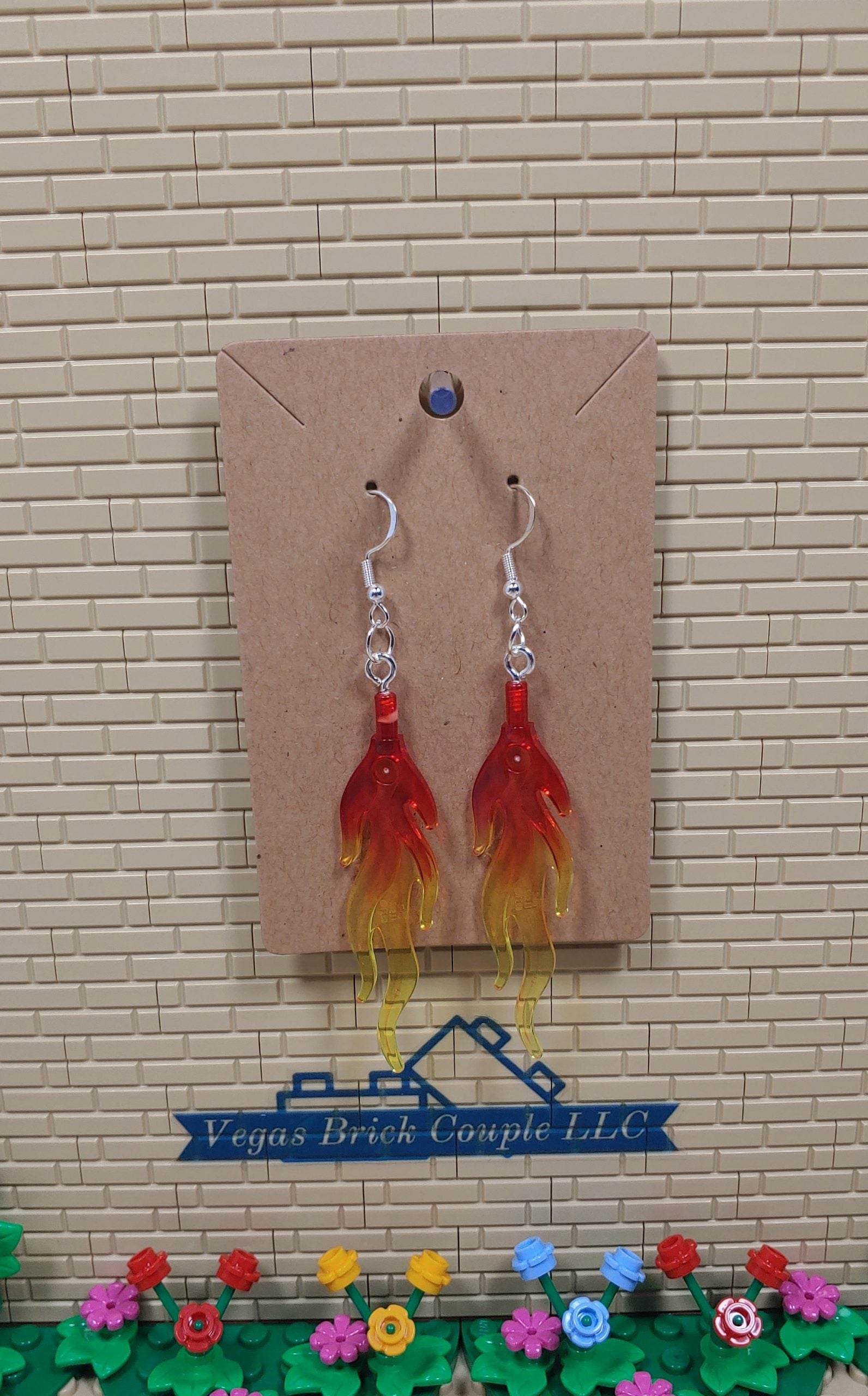 Lego® Red and Yellow Large Flame Dangling Silver Plated Hook Earrings