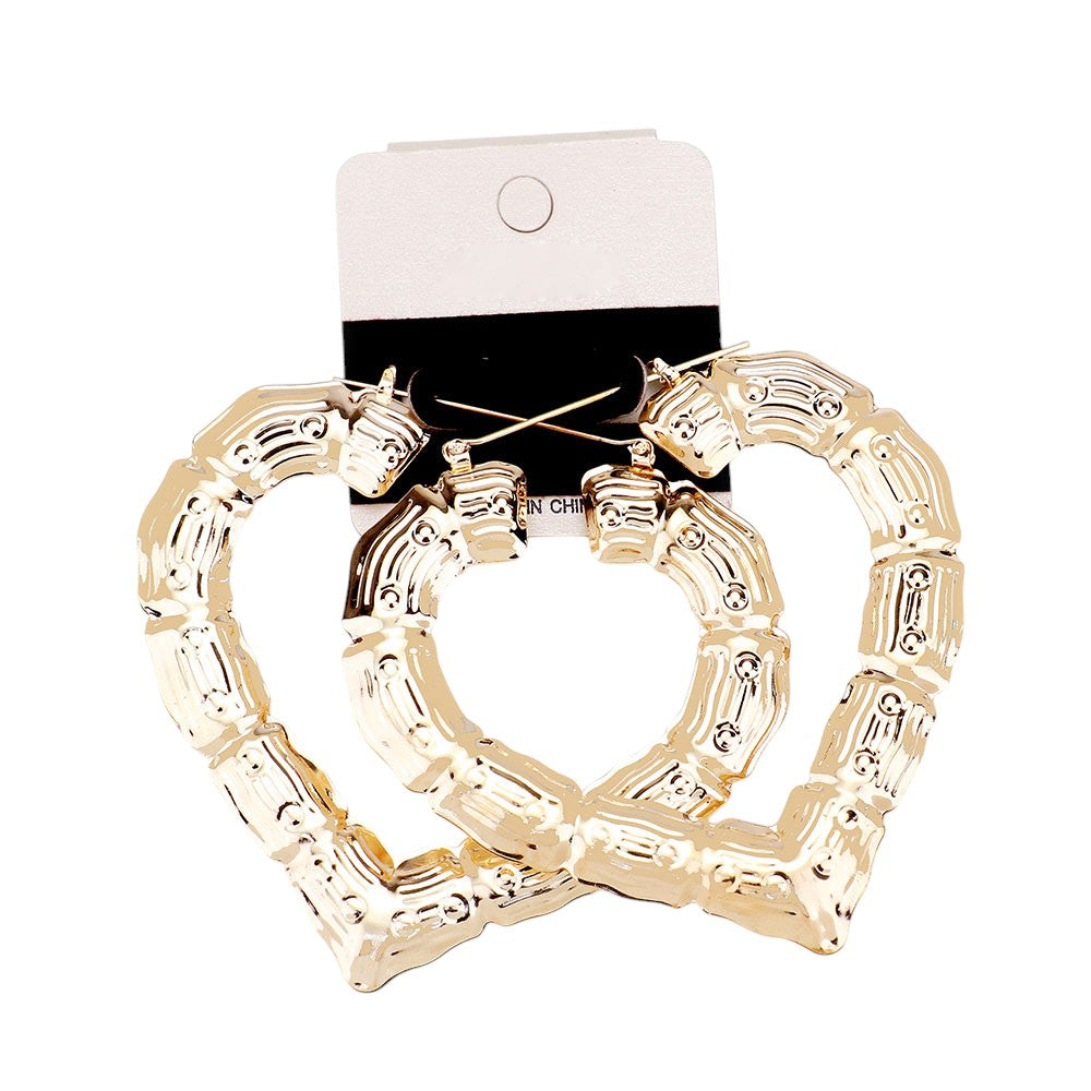 12Pairs- Medium Metal Bamboo Heart Pin Catch Earrings