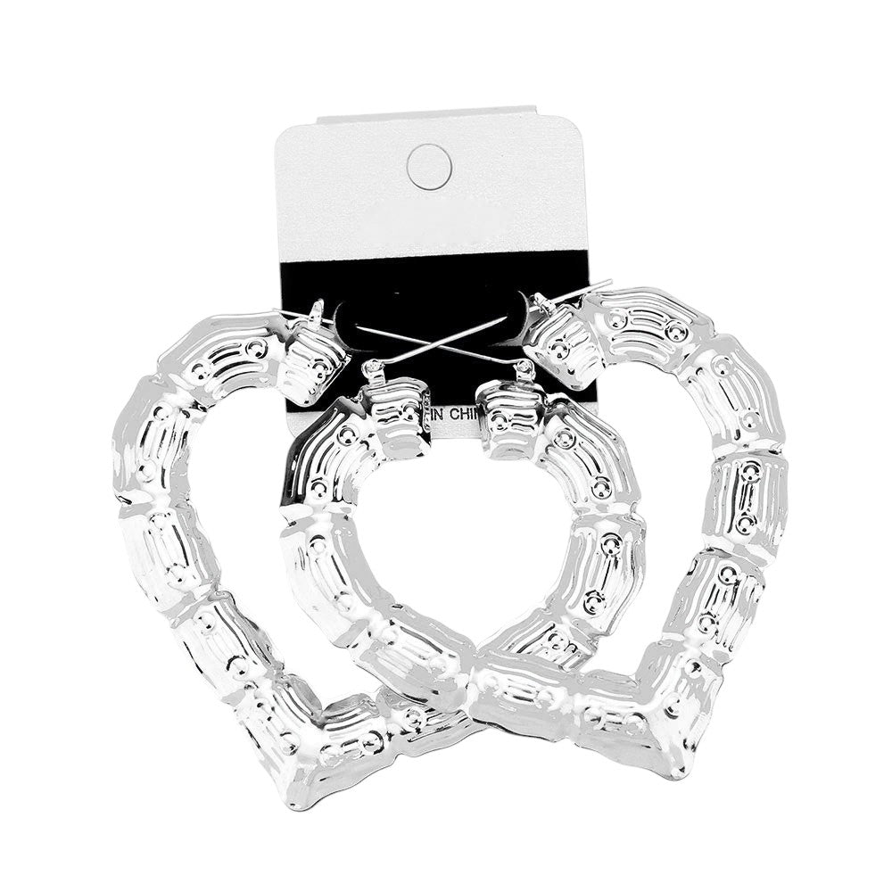 12Pairs- Medium Metal Bamboo Heart Pin Catch Earrings