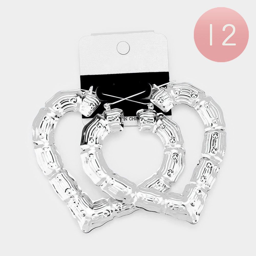 12Pairs- Medium Metal Bamboo Heart Pin Catch Earrings