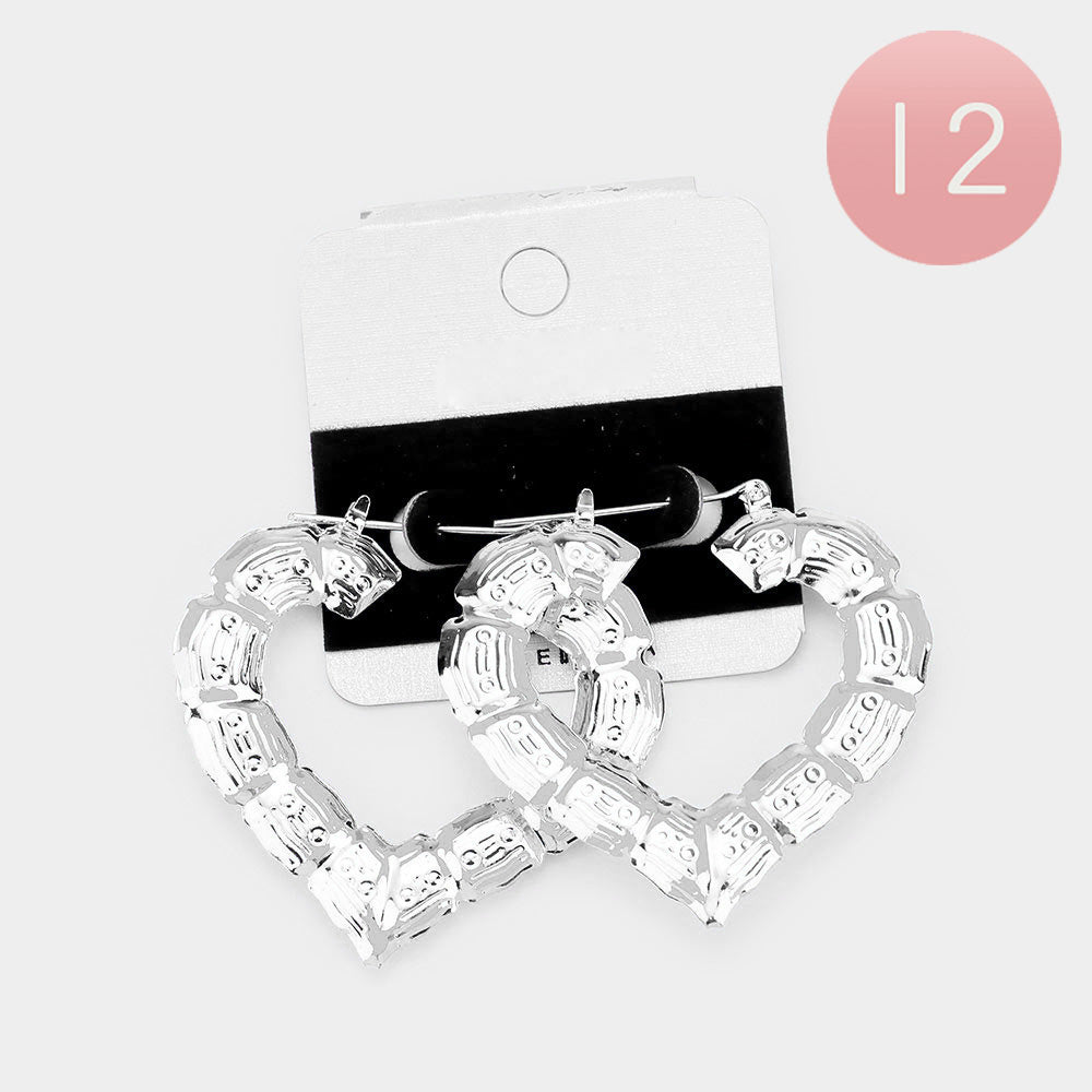 12Pairs- Medium Metal Bamboo Heart Pin Catch Earrings