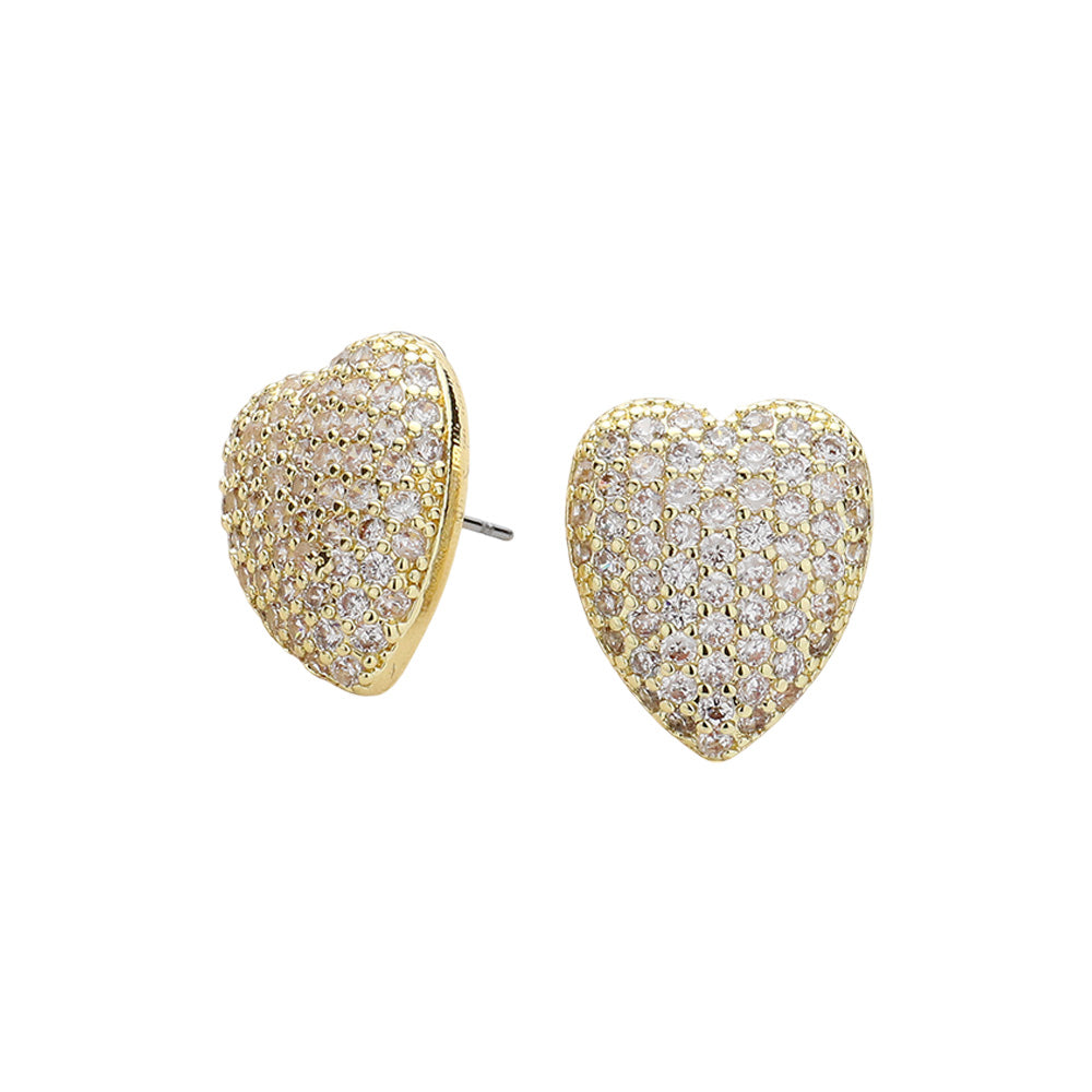 14K Gold Plated CZ Stone Paved Heart Stud Earrings