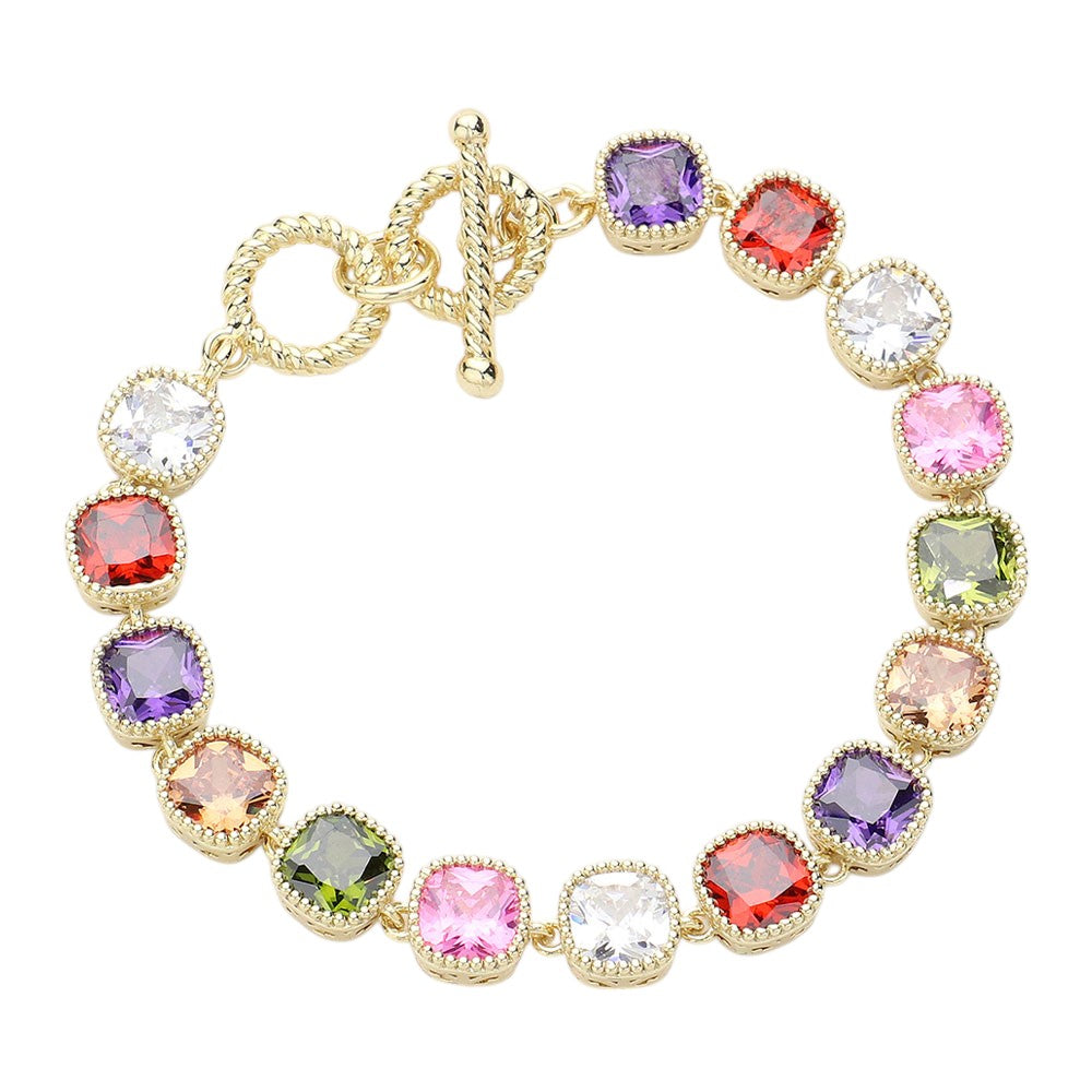 14K Gold Plated Square CZ Stone Link Evening Toggle Bracelet