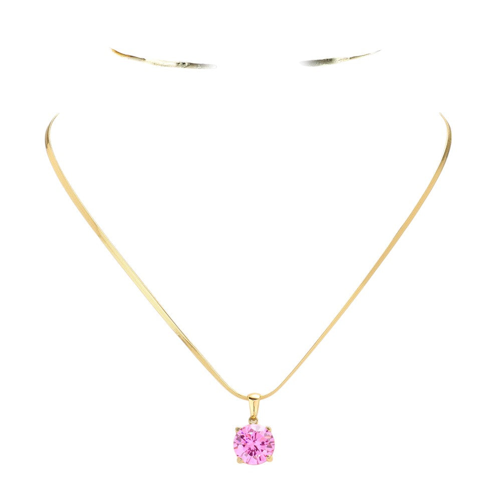 18K Gold Dipped Stainless Steel CZ Round Pendant Necklace