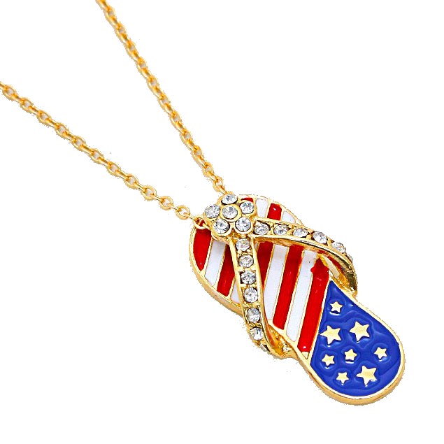 Red, White, Blue Stone & Enameled Flip Flop Pendant Necklace
