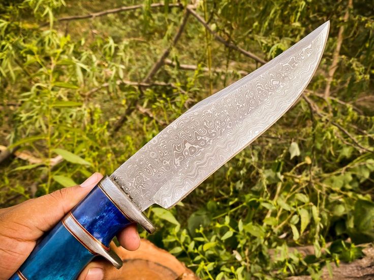14-Inch Raindrops Damascus Steel Hunting Bowie Knife | Custom Handcrafted with Colored Bone Handle & Leather Sheath | KBS Knives