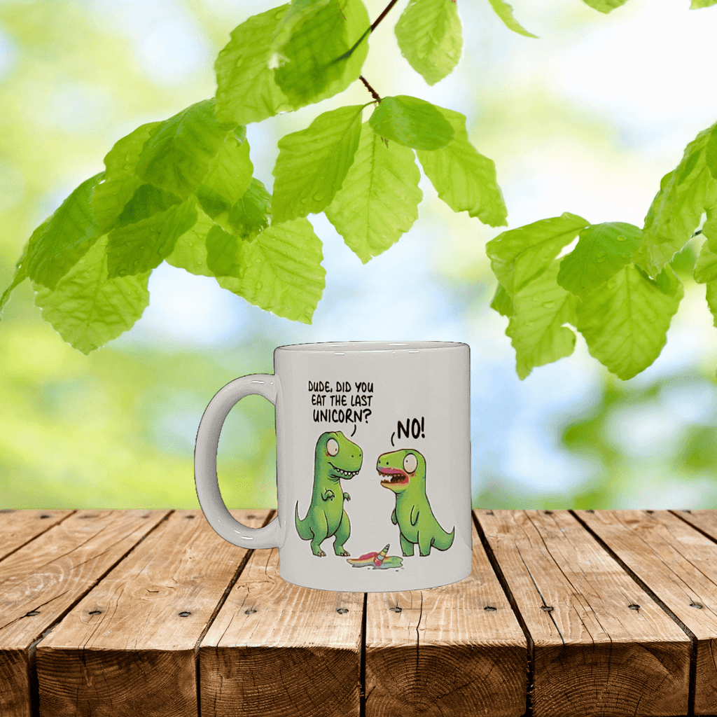 Funny Dinosaurs eating a Unicorn Mug