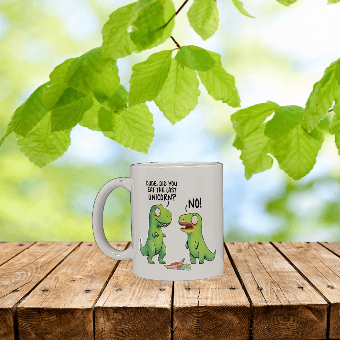Funny Dinosaurs eating a Unicorn Mug