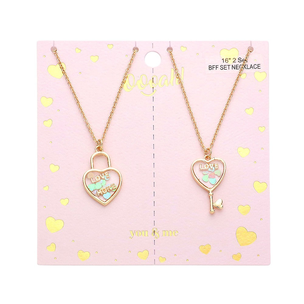 2PCS - Love & Love More BFF Heart Lock Key Necklace Set Jewelry Set