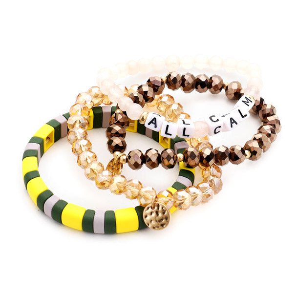 ALL CALM Natural Stone Metal Disc Charm Layered Bracelets
