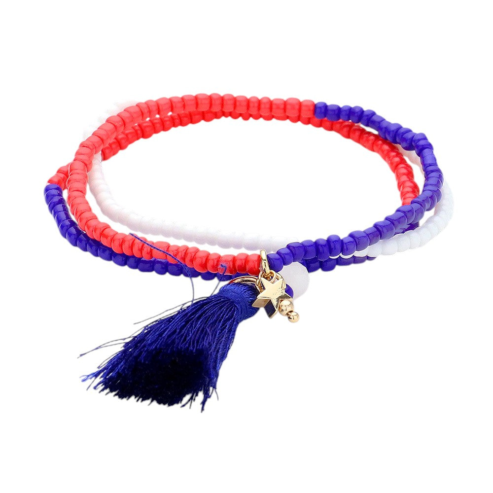American USA Flag Tassel Faceted Beaded Stretch Layered Bracelets