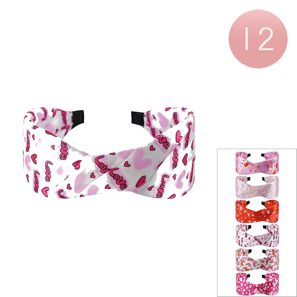 12PCS - Love Heart Printed Knot Satin Like Headbands