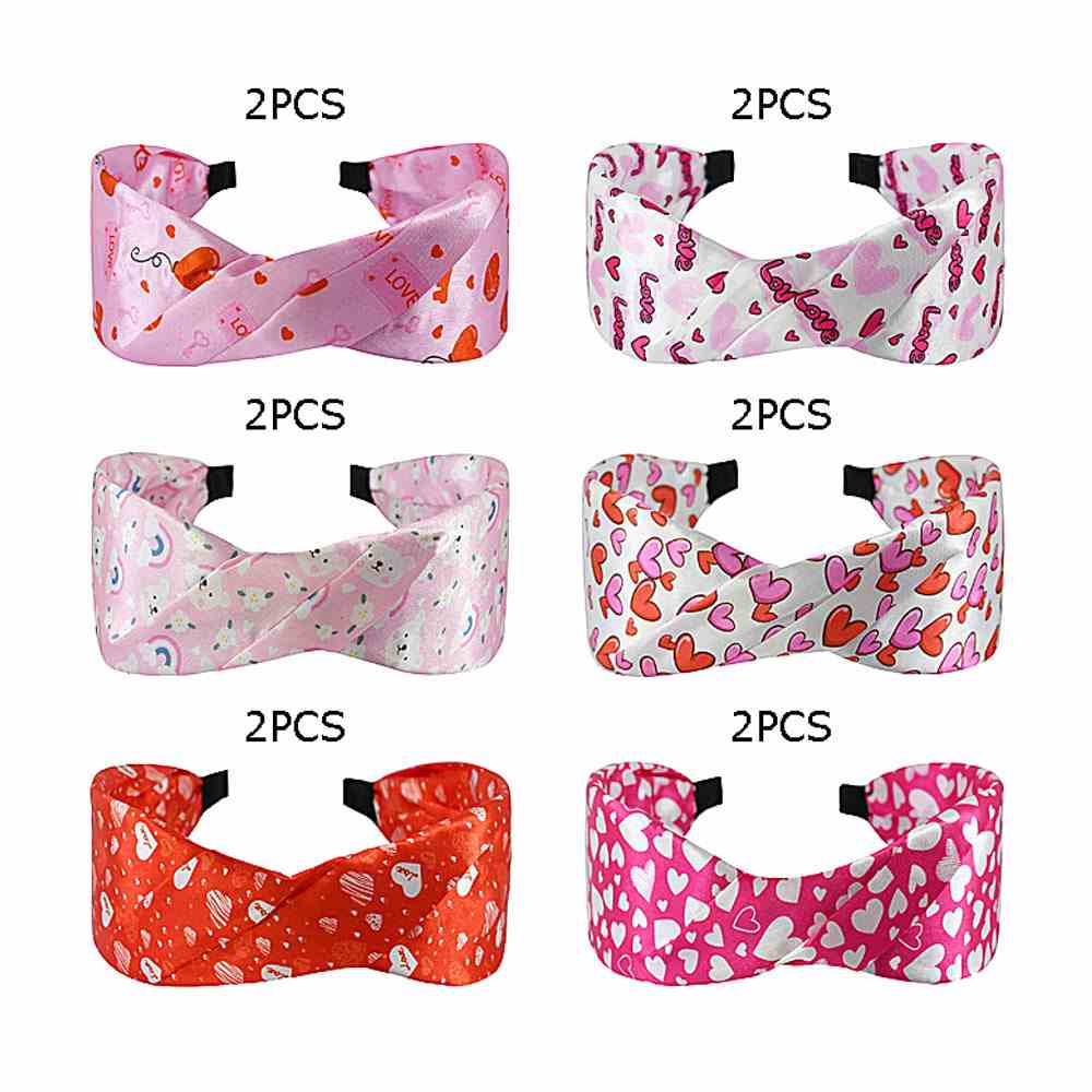 12PCS - Love Heart Printed Knot Satin Like Headbands