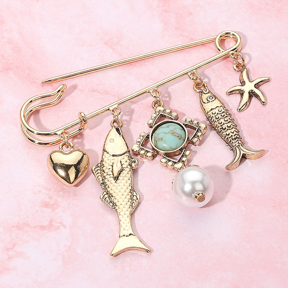 Antique Metal Fish heart Starfish Pearl Charm Embellished Safety Pin Brooch