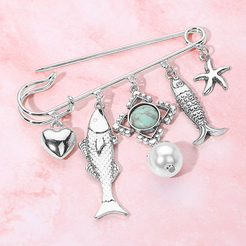 Antique Metal Fish heart Starfish Pearl Charm Embellished Safety Pin Brooch