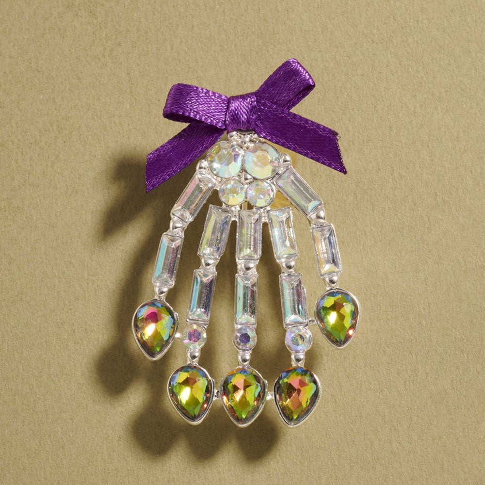 Bow Accent Glass Stone Skeleton Hand Pin Brooch