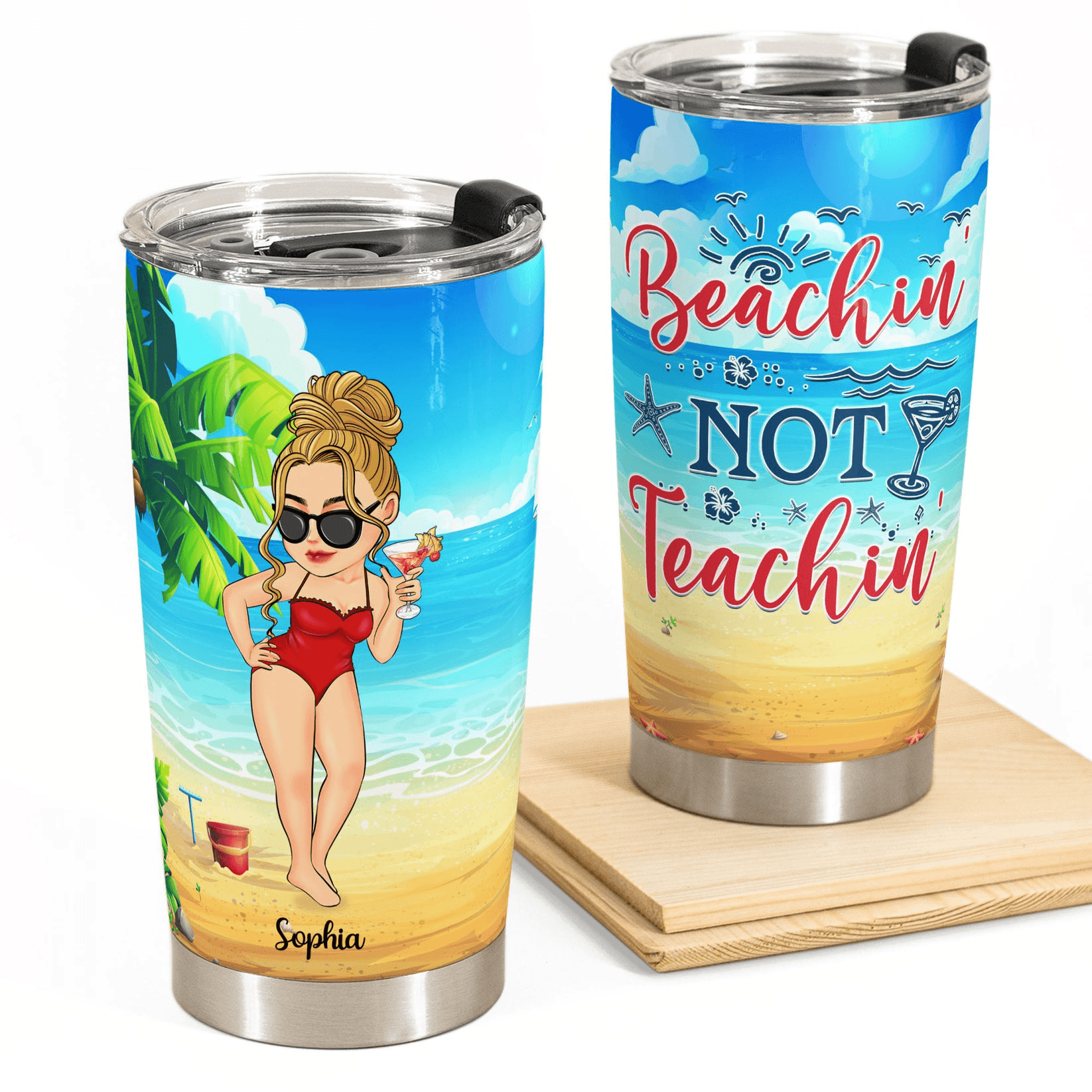 Beaching Not Teaching, Teacher Off Duty - Personalized Custom 20oz Fat Tumbler Cup - Summer Break, Last Day Of School, Birthday, Loving, Funny Gift for Teacher, Kindergarten, Preschool, Pre K, Paraprofessional