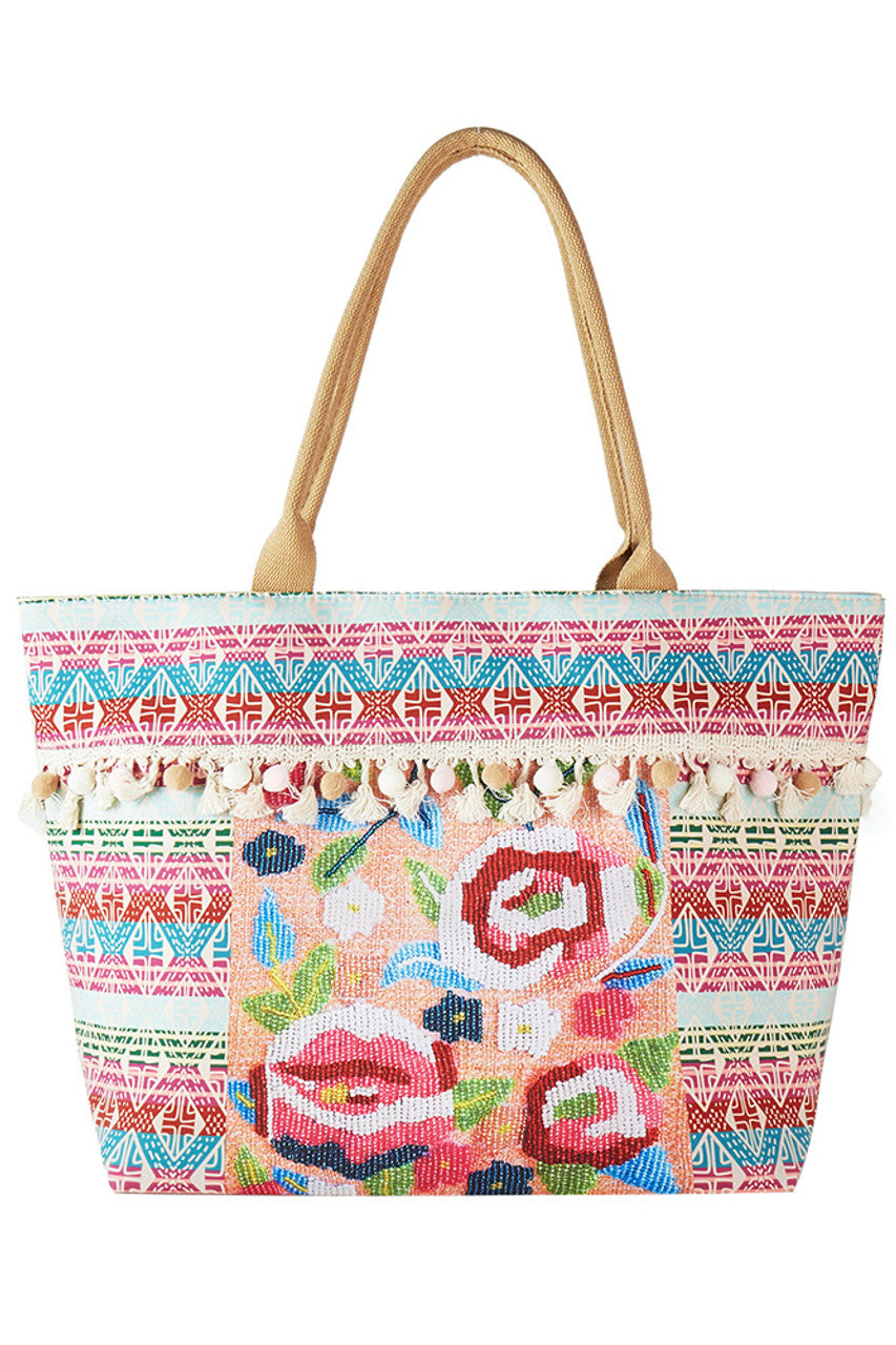 Boho and Flowers Print Tassels Summer Tote Bag