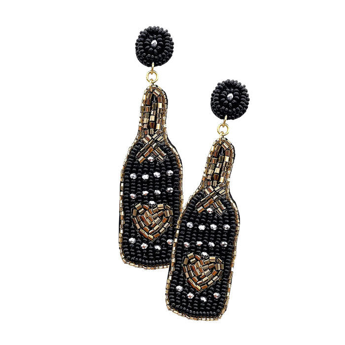 Beaded Heart Pointed Champagne Dangle Earrings