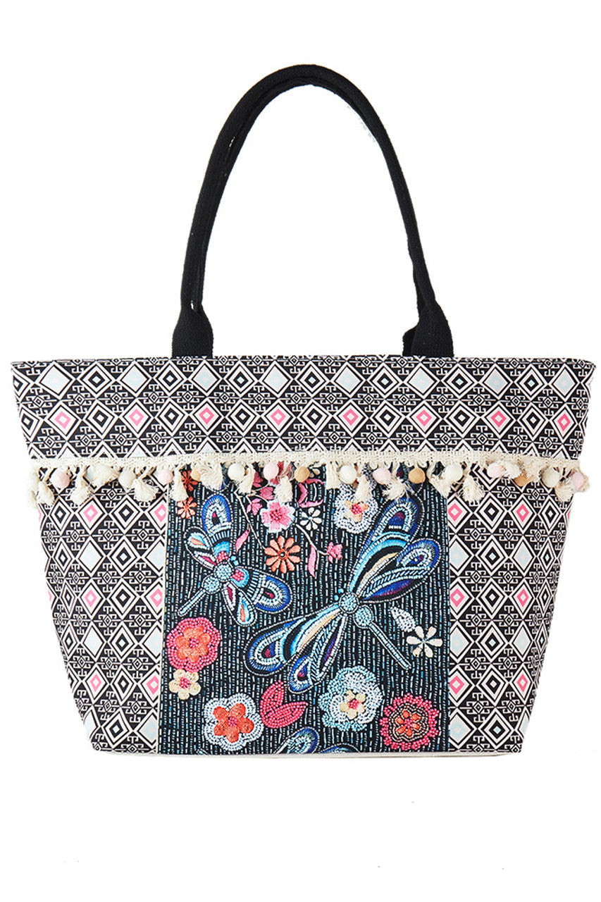 Boho and Dragonfly Print Tassel Summer Tote Bag