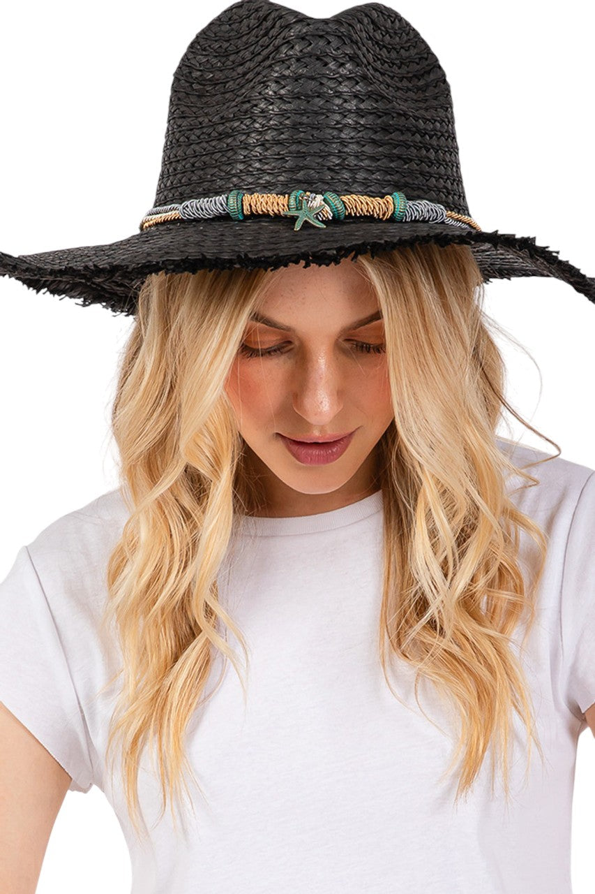 Braided Starfish Band Frayed Straw Summer Sun Hat