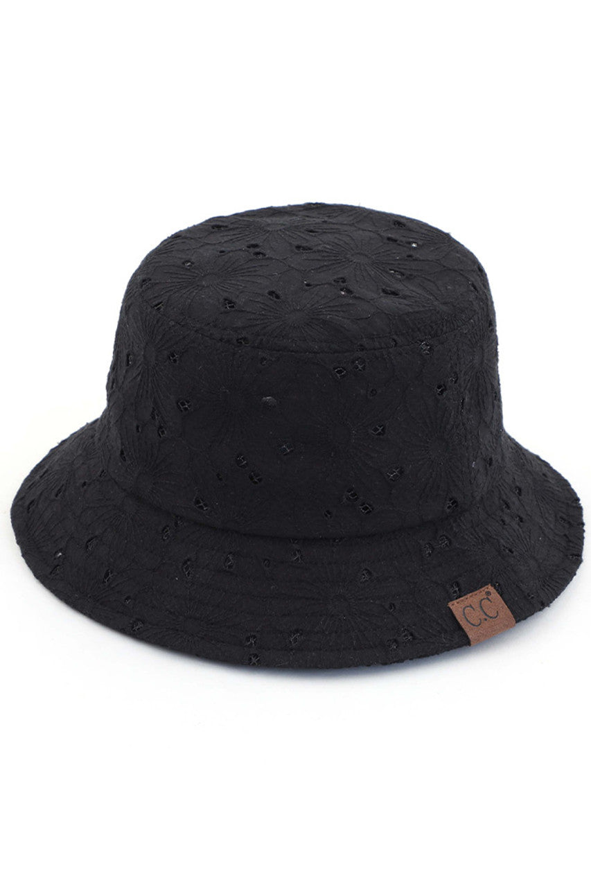C.C EMBROIDERED FLORAL COTTON EYELET HAT