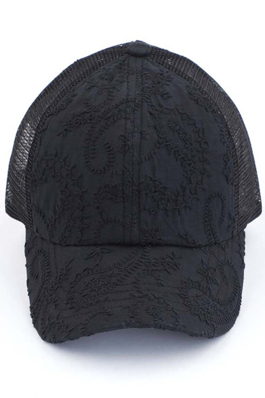 C.C FANCY EMBROIDERY STITCH CRISS CROSS PONYCAP