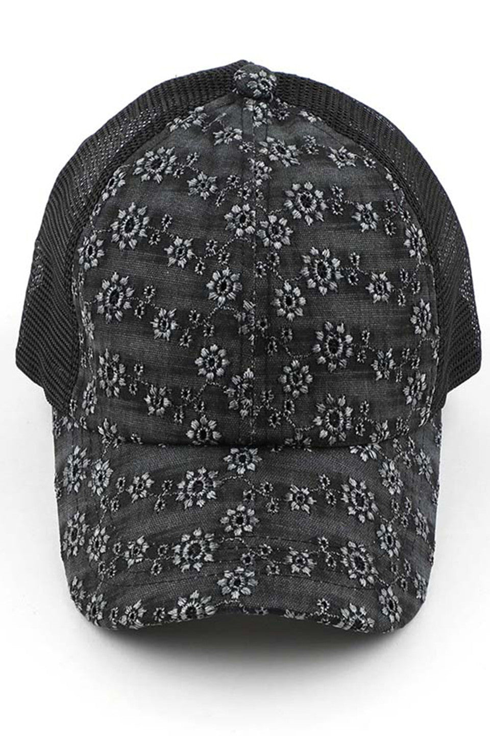 C.C FLOWER EMBROIDERY EYELET CRISS CROSS PONYCAP