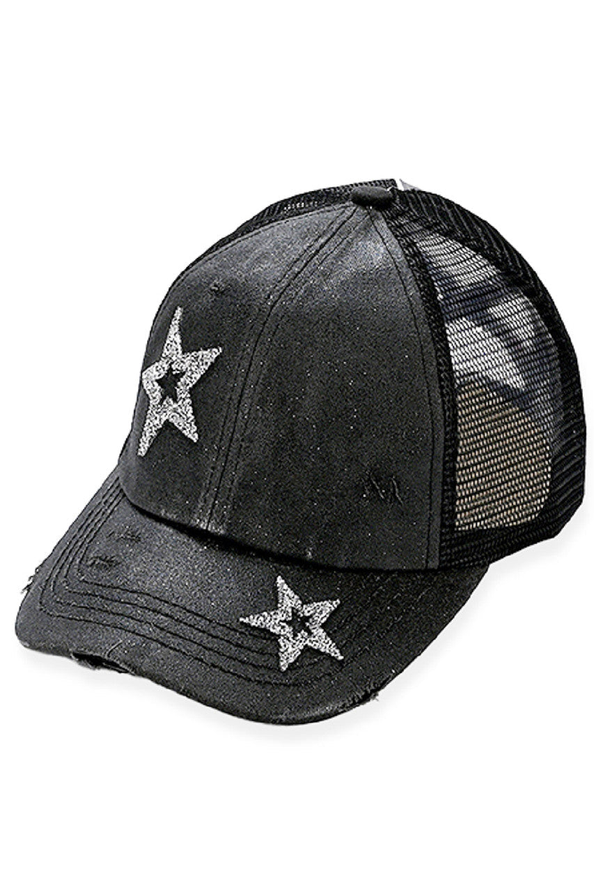 C.C Hand Spray Glitter Star Trucker Hat Pony Cap