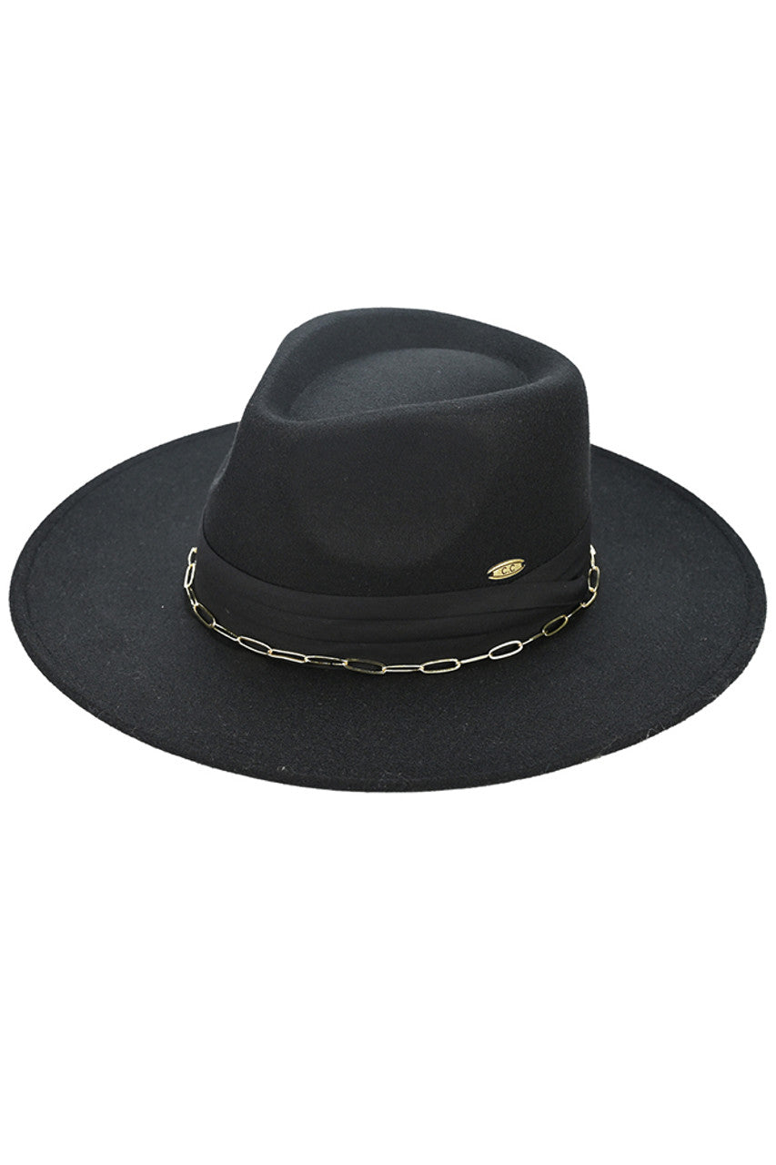 C.C Link Chain & Pleated Wide Band Vegan Felt Hat