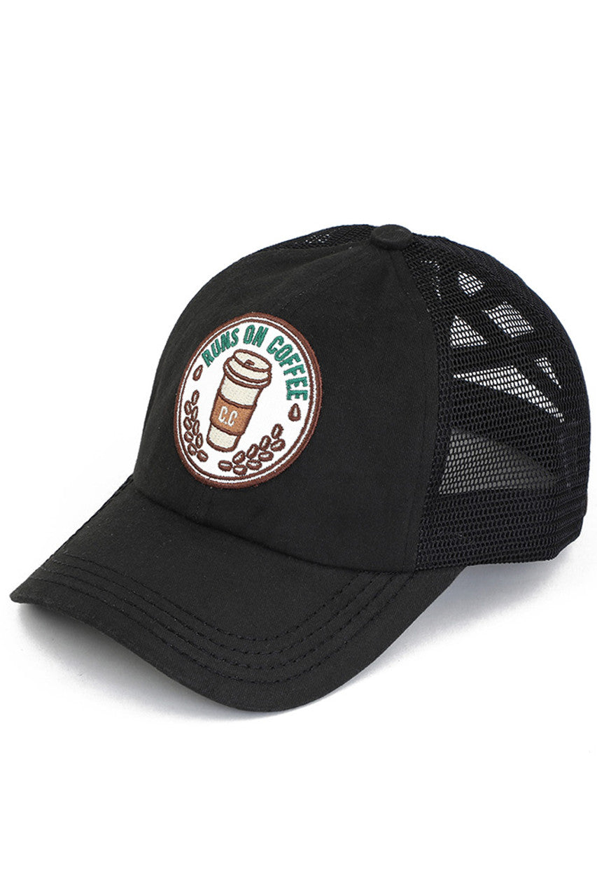 C.C RUNS ON COFFEE Patch Criss Cross Pony Cap