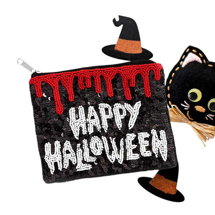 Happy Halloween Message Sequin Beaded Mini Pouch Bag