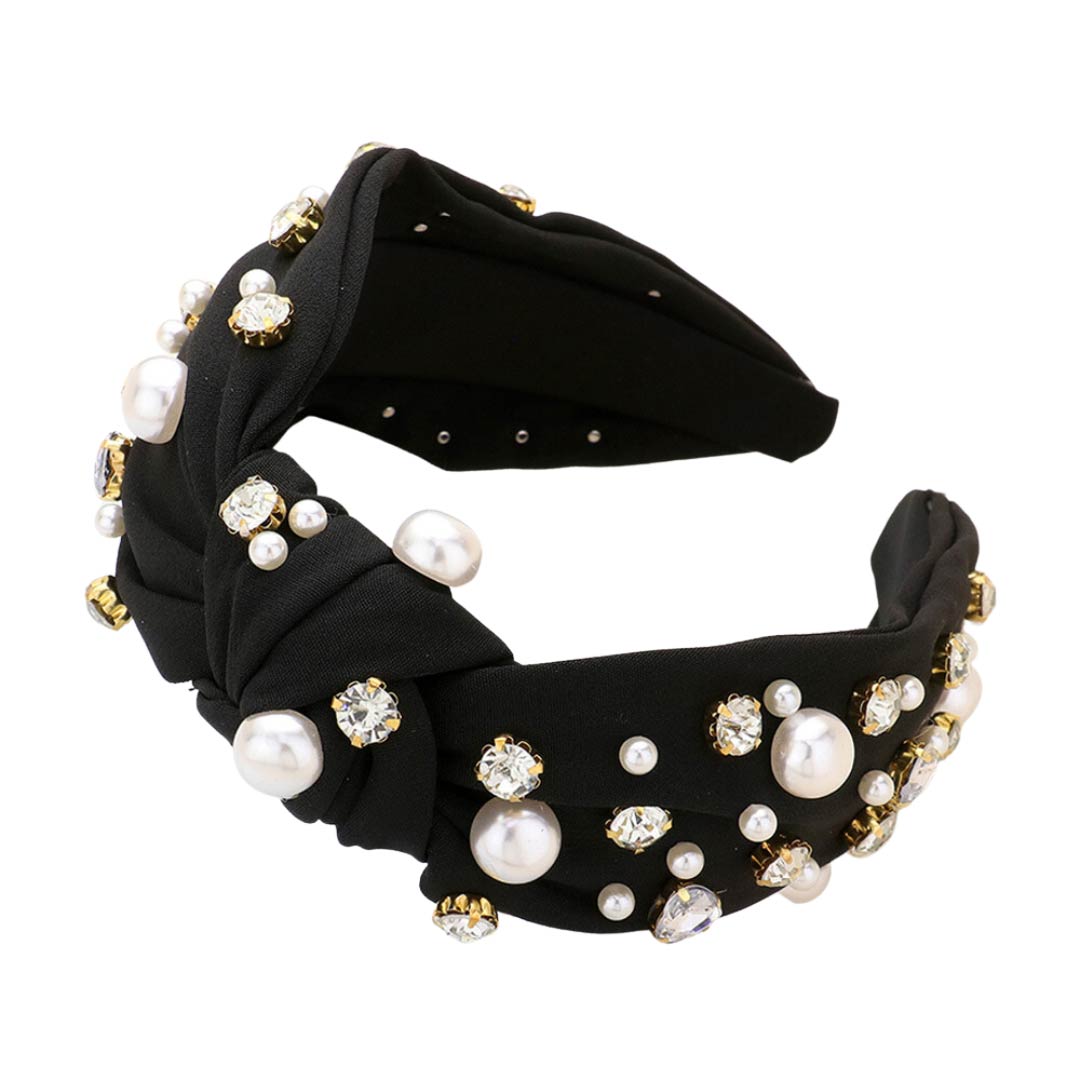 Pearl Round Stone Embellished Knot Burnout Headband