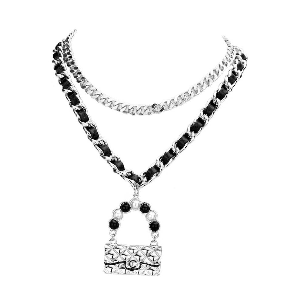 2PCS Metal Chain Pearl Embellished Bag Pendant Necklaces