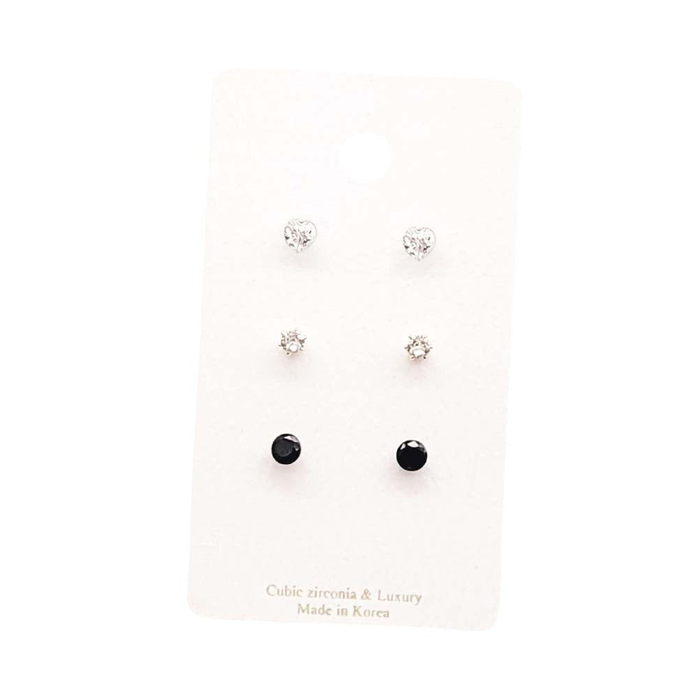 3Pairs - CZ Heart Round Stud Earrings