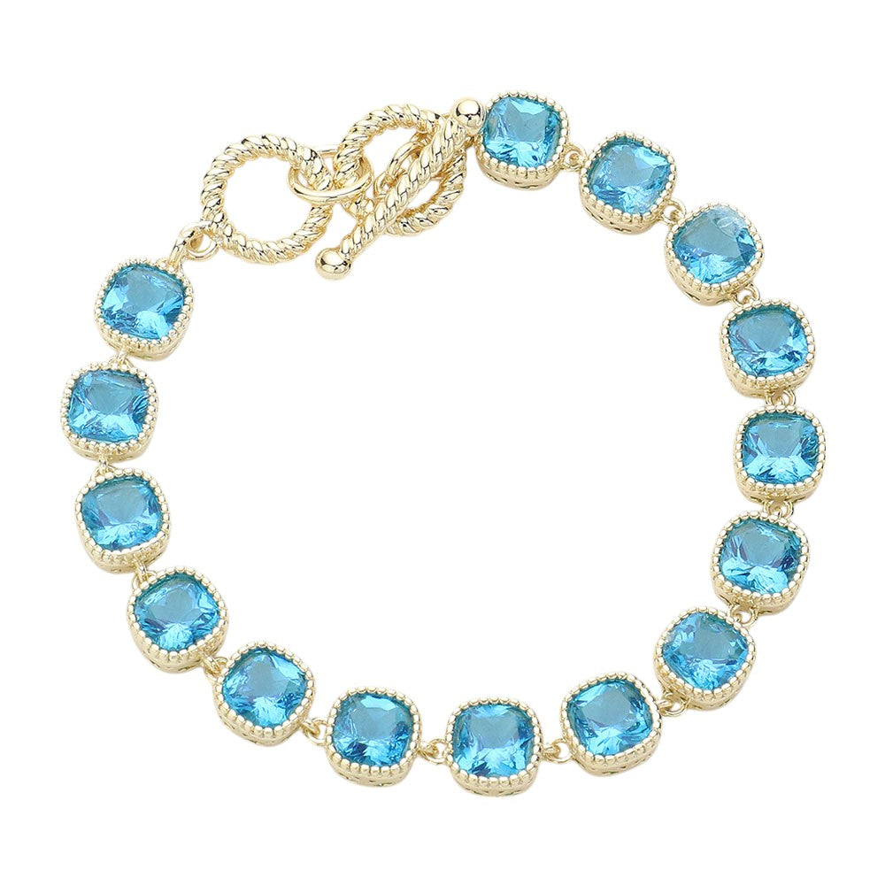 14K Gold Plated Square CZ Stone Link Evening Toggle Bracelet