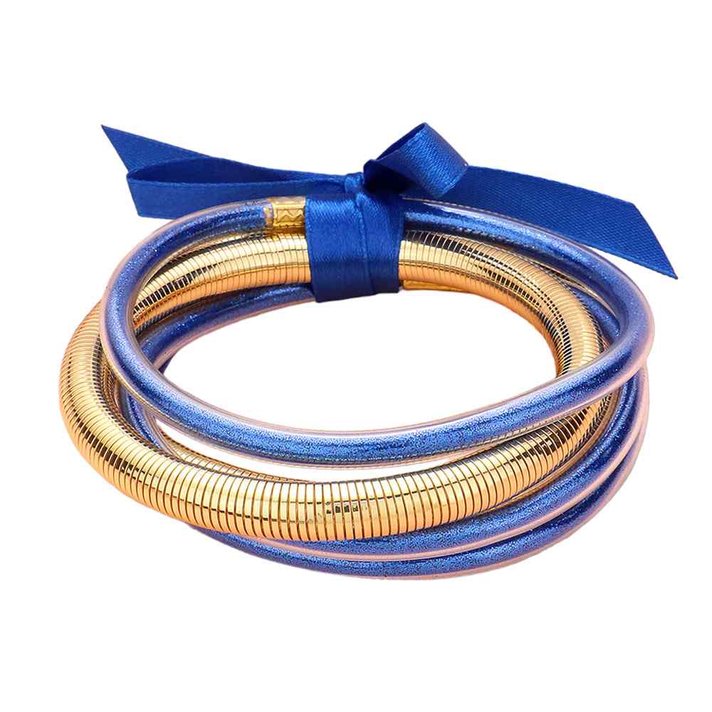 5PCS Glitter Jelly Tube Metal Elastic Layered Bracelets