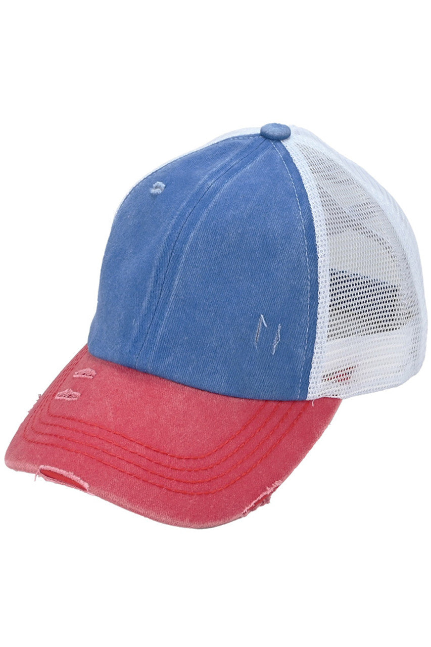 C.C 3 Tone Crossed Mesh Back Trucker Pony Cap
