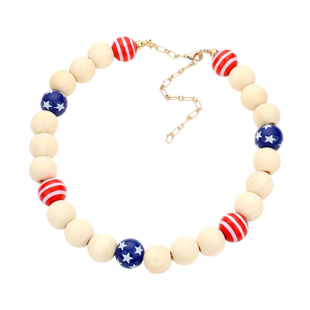 American USA Flag Wood Ball Collar Necklace