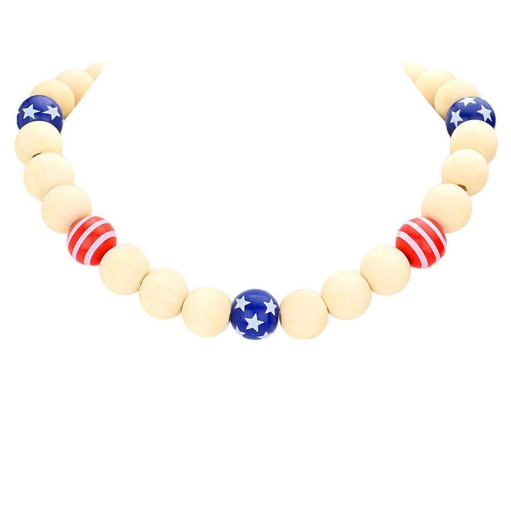 American USA Flag Wood Ball Collar Necklace