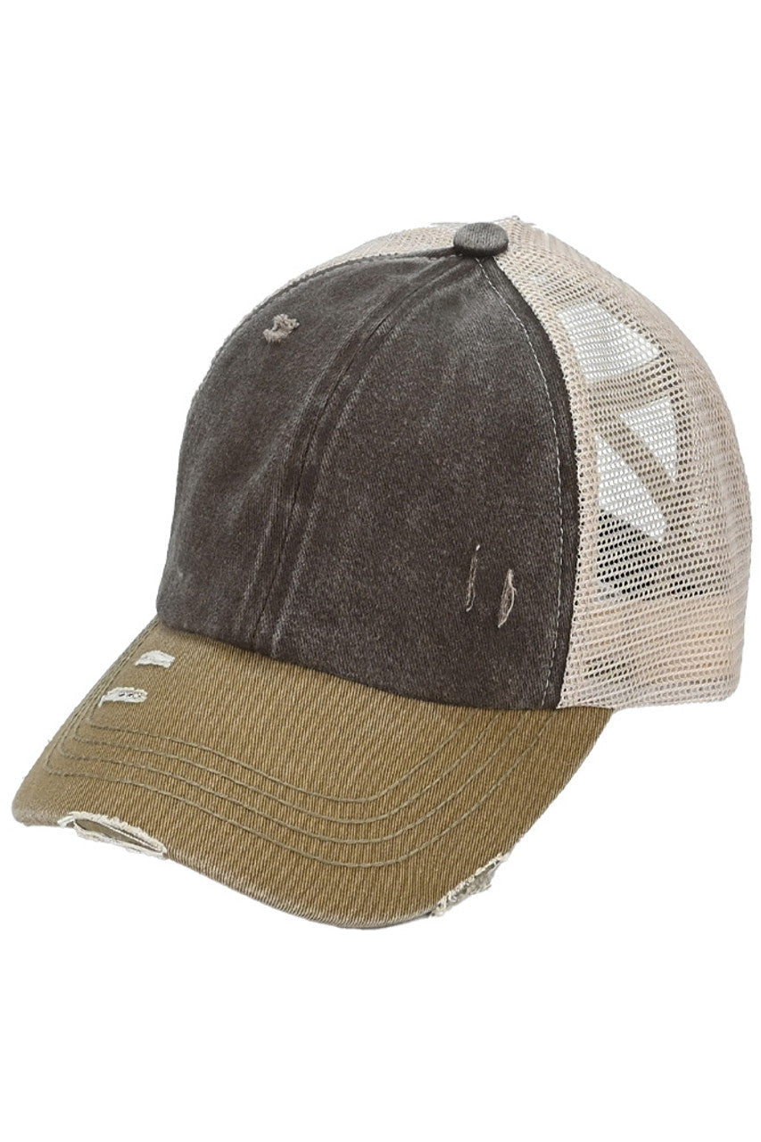 C.C 3 Tone Crossed Mesh Back Trucker Pony Cap