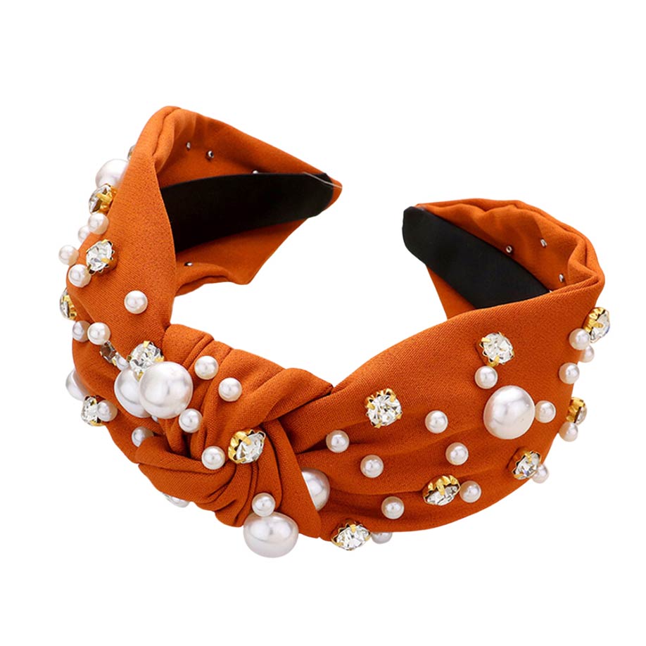 Pearl Round Stone Embellished Knot Burnout Headband