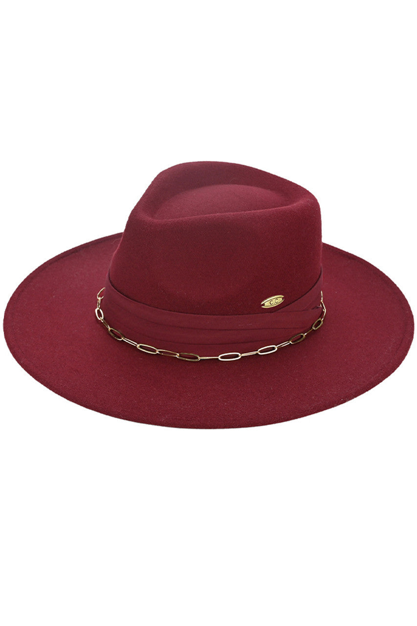 C.C Link Chain & Pleated Wide Band Vegan Felt Hat