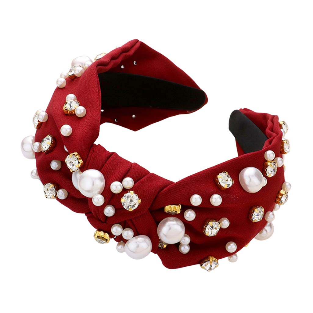 Pearl Round Stone Embellished Knot Burnout Headband