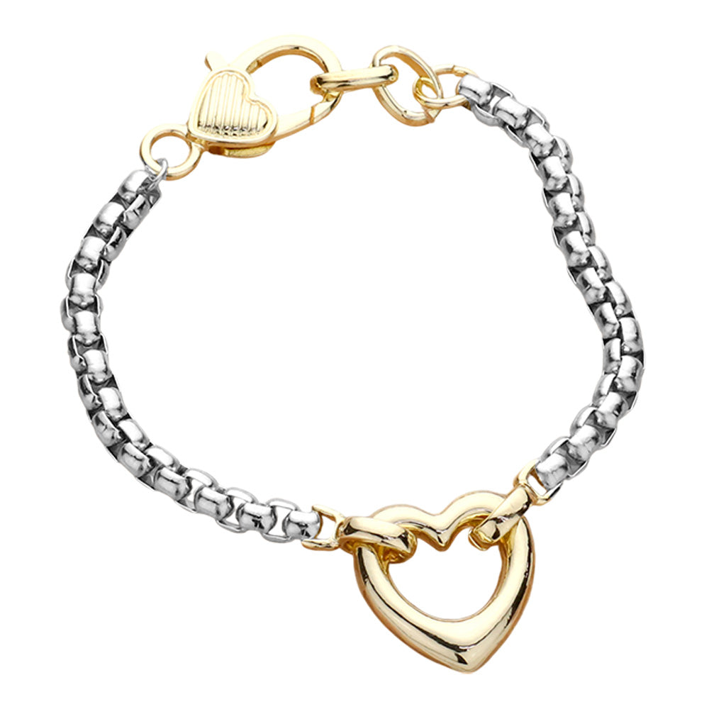 14K Gold Plated Two Tone Heart Charm Pointed Bracelet