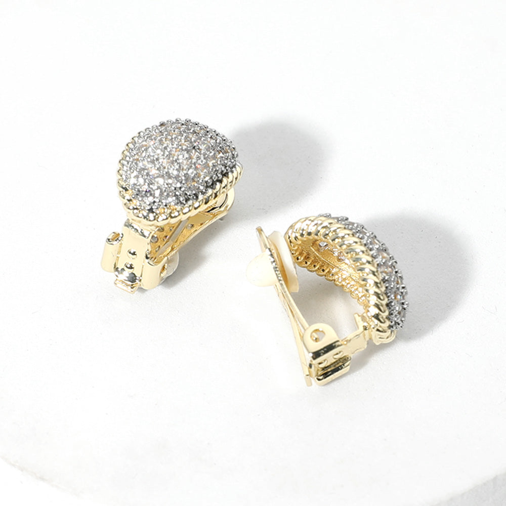 14K Gold Plated CZ Stone Paved Oval Clip On Earrings
