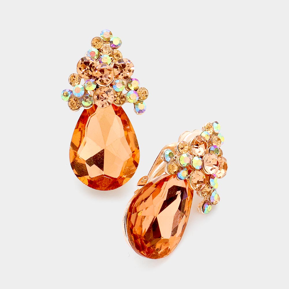 Bubble Stone Cluster Teardrop Accented Clip on Evening Earrings