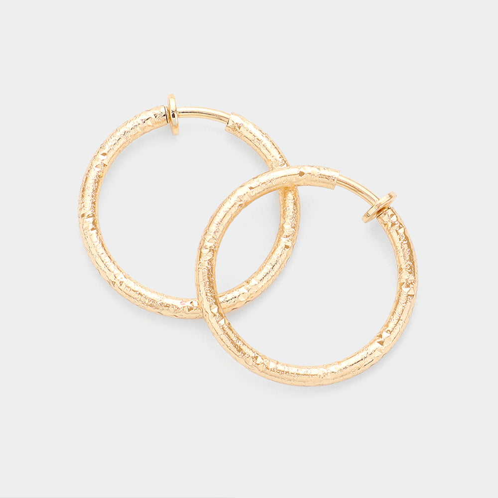 1.25 Inch Textured Metal Hoop Clip On Earrings