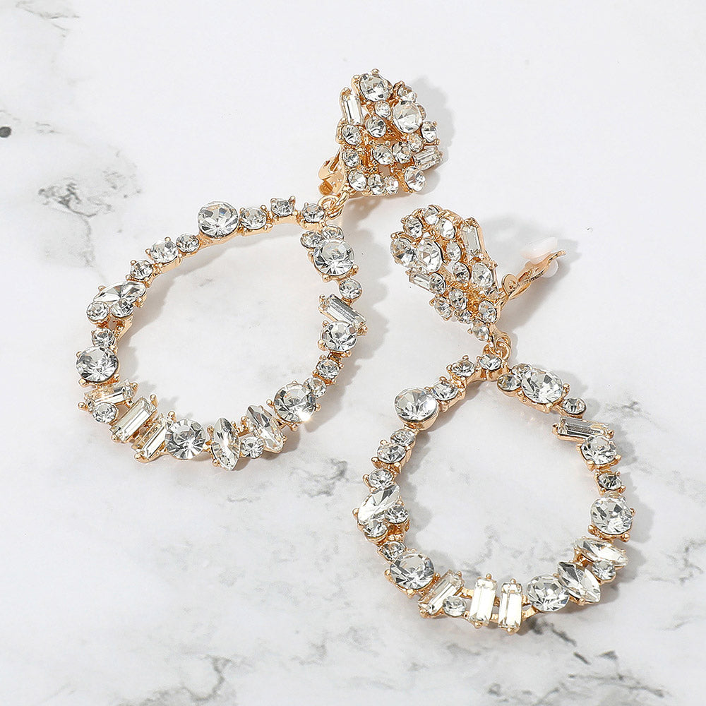 Bold Mixed Shaped Stone Cluster Embellished Open Teardrop Dangle Evening Clip On Earrings