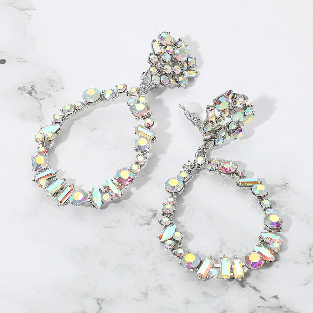 Bold Mixed Shaped Stone Cluster Embellished Open Teardrop Dangle Evening Clip On Earrings